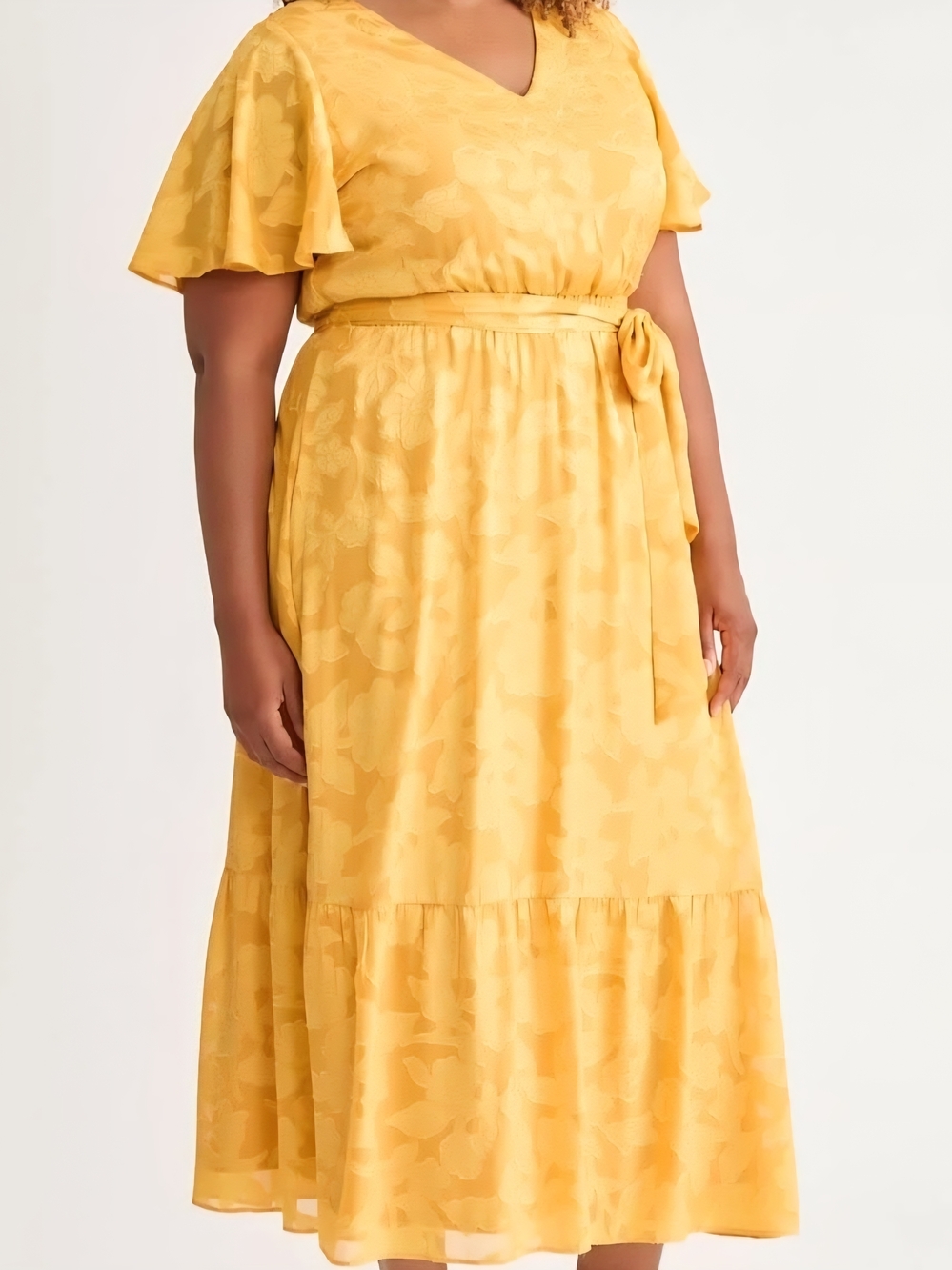 Plus-Size Yellow Floral V-Neck Tie-Waist Midi Dress
